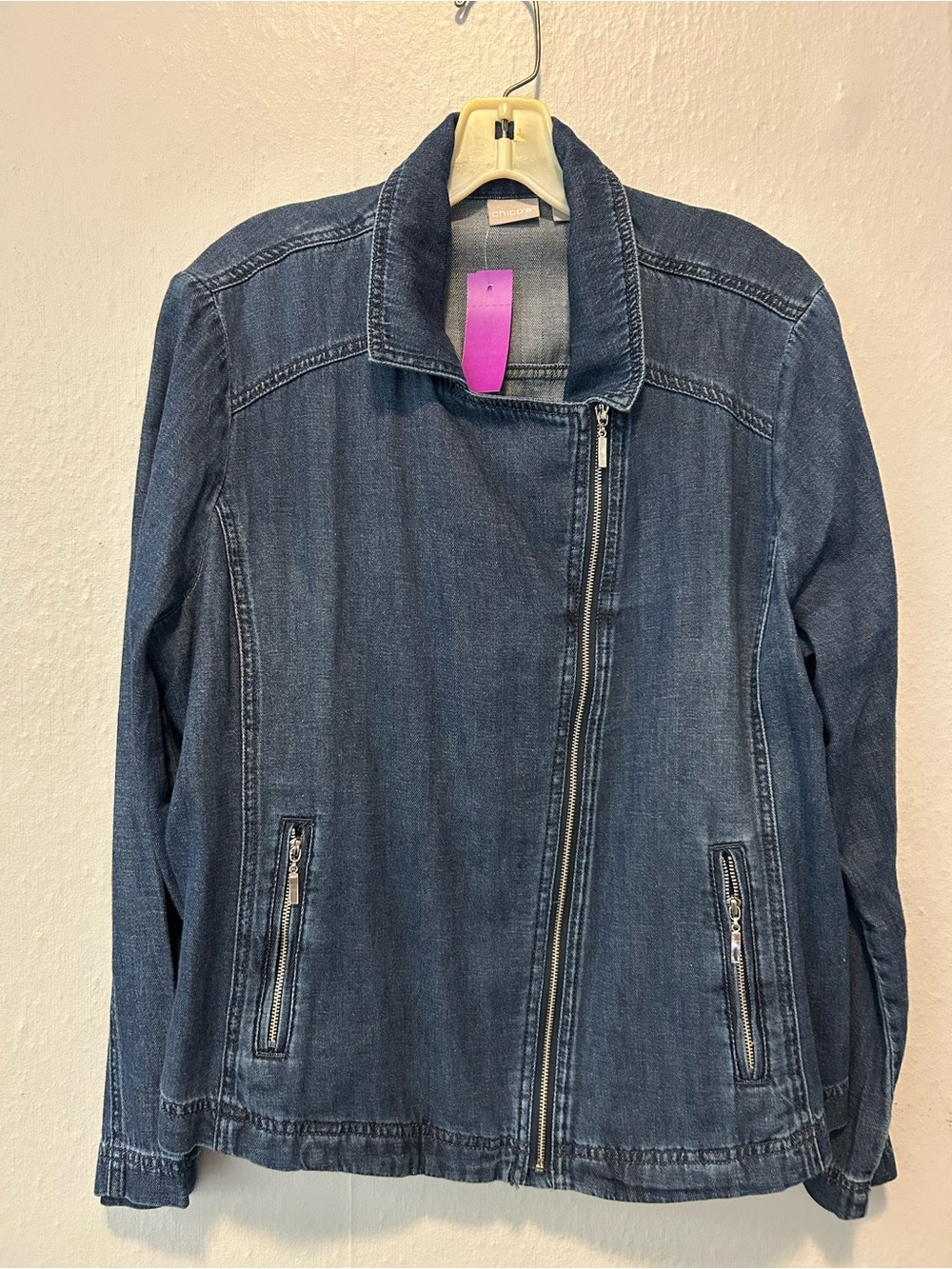 Chico's Dark Blue Asymmetrical Zip Denim Jacket